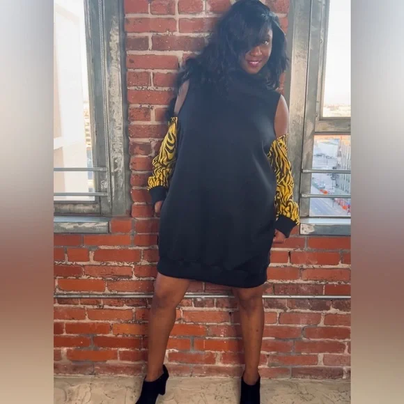 New off shoulder turtleneck sweater DRESS w/Yellow sleeves model